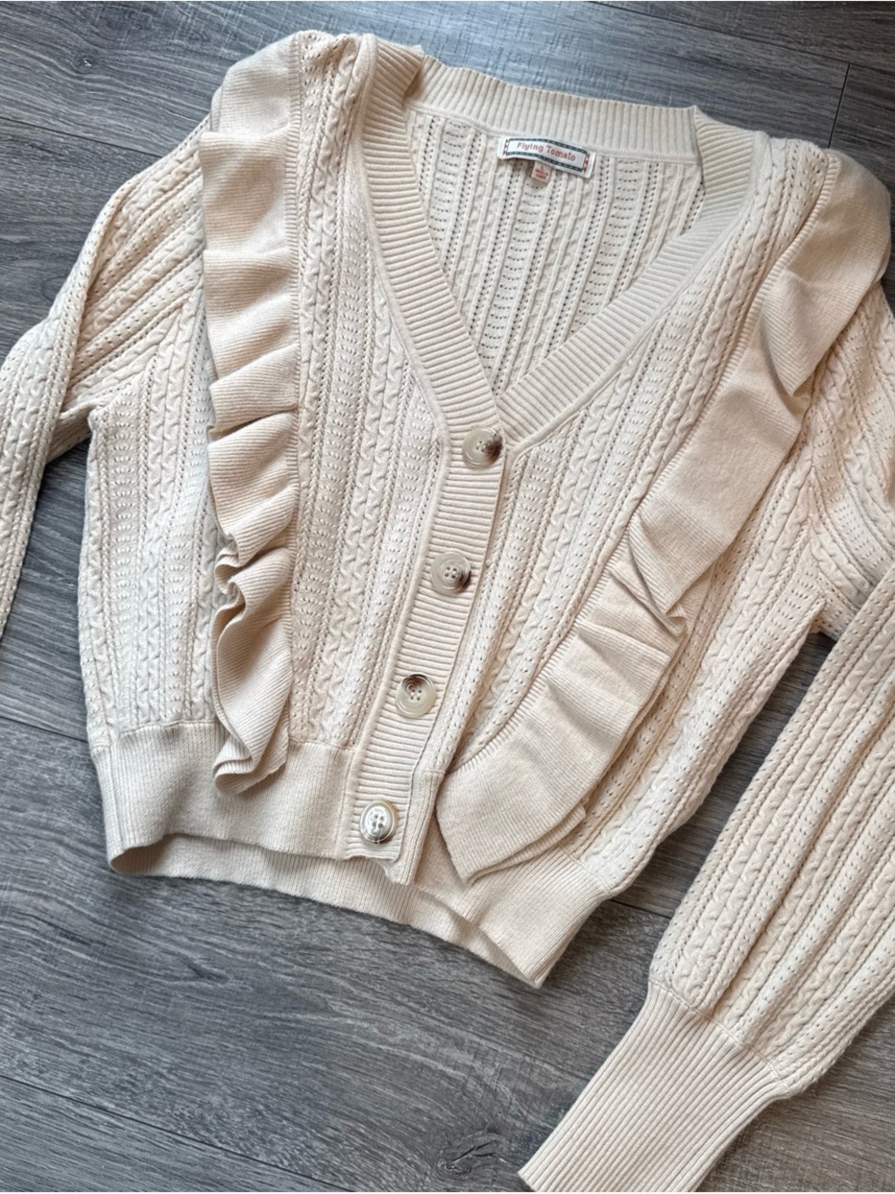 Flying Tomato Cream Ruffle Cable-Knit Button Cardigan